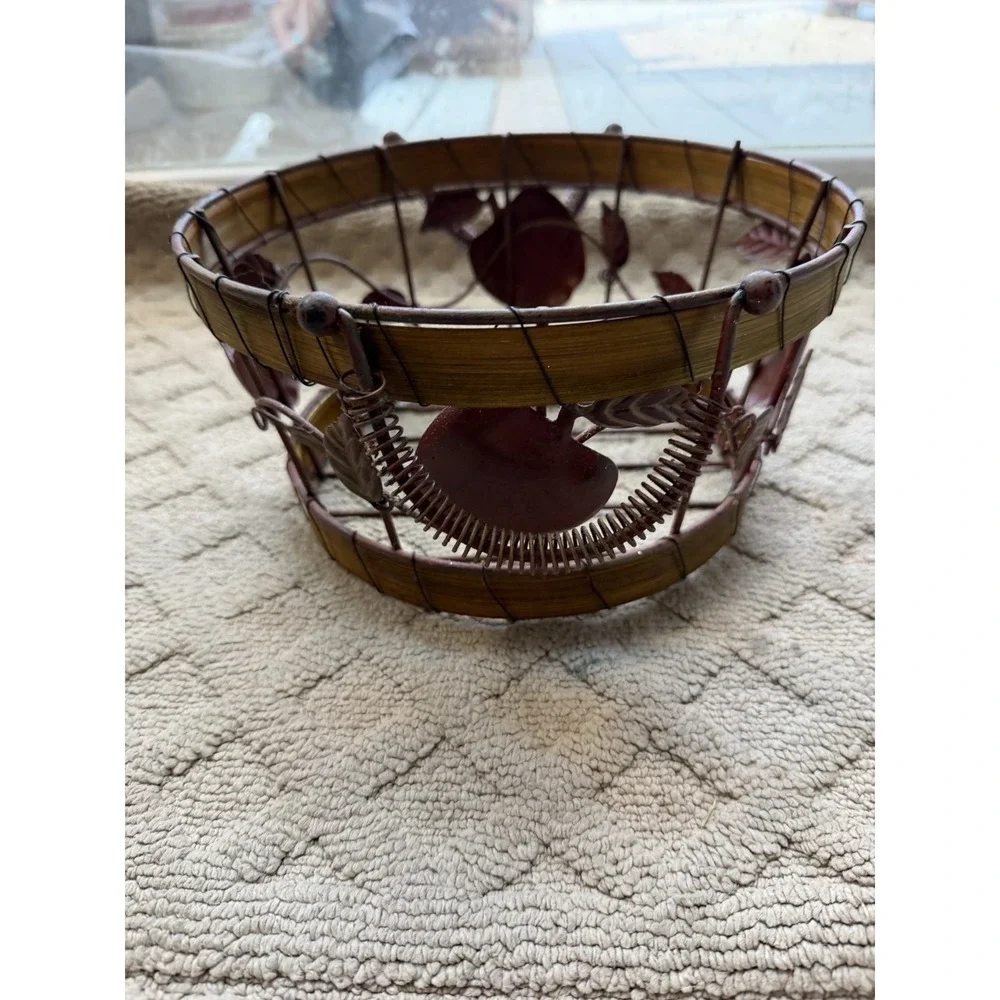 Rustic Metal And Wood Basket with Metal Apples and Spring Style Handles